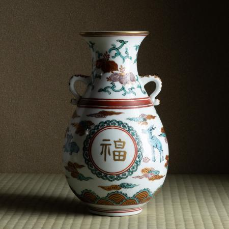 城山窯 古赤絵 福禄寿 花入 三井高棟箱