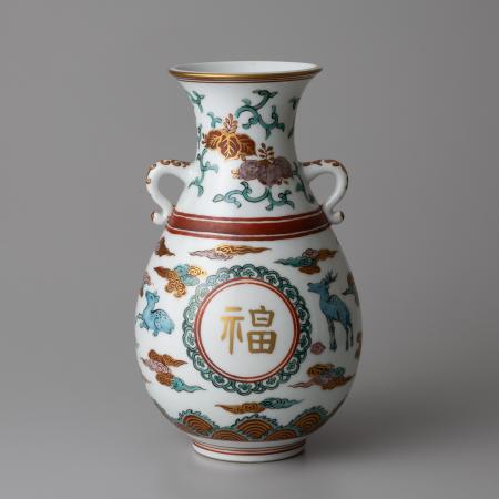城山窯 古赤絵写 福禄寿 花入 三井高棟箱